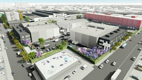 Aerial view of 8th & Alameda Studios looking southeast