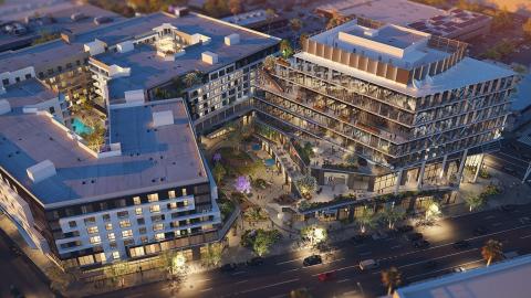 Aerial view of the West Edge development looking northeast