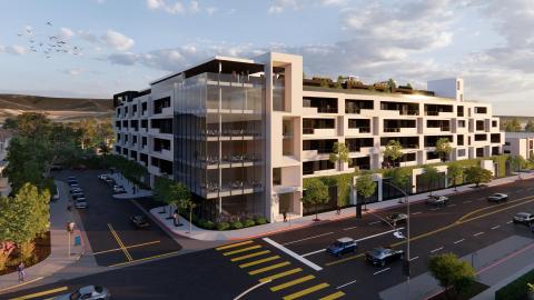 Rendering of the proposed senior housing complex at 17500 Burbank Boulevard, looking southwest