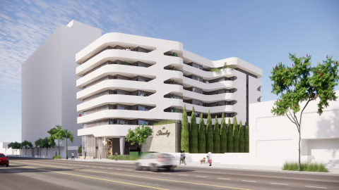 View of The Stanley looking northwest from Wilshire Boulevard