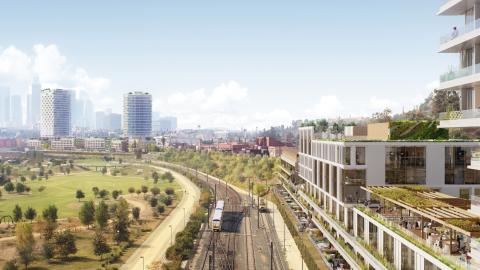 View of the Buena Vista, the L Line, and LA State Historic Park looking south toward Downtown