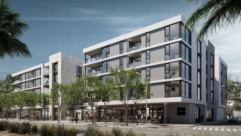 View of 9001 Santa Monica Boulevard from southeast corner