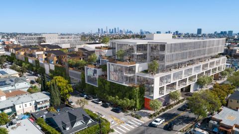 View of Echelon Studios from Virginia Avenue looking southeast toward Downtown Los Angeles