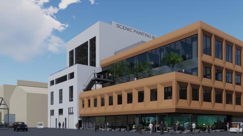 View of Scenic Arts Building from Overland Avenue gate entrance