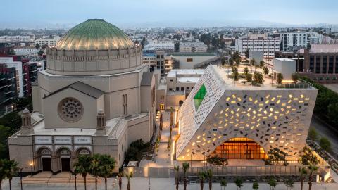 Aerial view of the Audrey Irmas Pavilion looking north from across Wilshire Boulevard