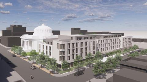 Rendering of Belmont Village development in Pasadena, looking northeast from Oakland Avenue and El Dorado Street