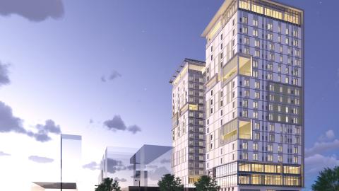 View of the Weingart Center tower looking west on 6th Street