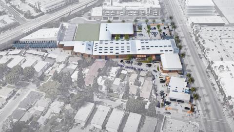 Aerial view of the Foundation Culver City campus looking west