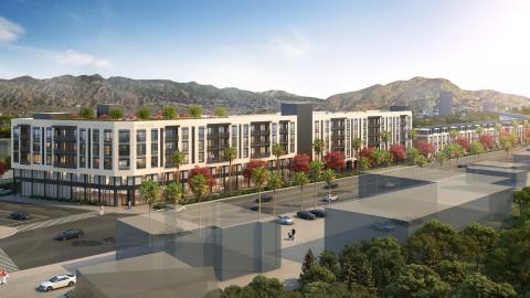 Aerial view of the proposed eldercare facility and townhomes, looking northeast