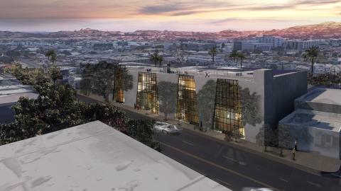 Aerial view of East End Studios looking southwest