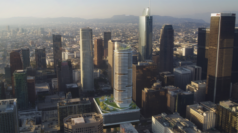 Aerial view of The BLOC's residential tower looking west