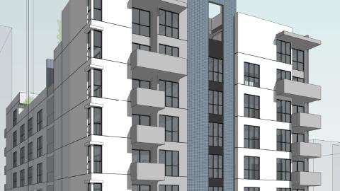View of proposed apartment building from Lake Street, looking southeast