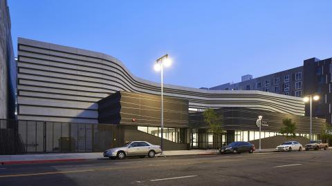 View of the Terasaki Budokan from Los Angeles Street