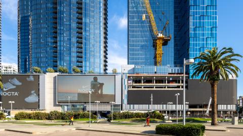 View of the Moxy and AC Hotel from Gilbert Lindsay Plaza across Figueroa street