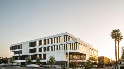 View of the Laserfiche headquarters building looking southwest from Long Beach Boulevard