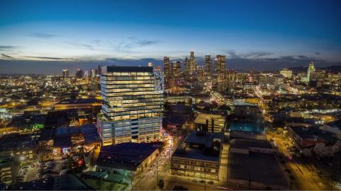 Aerial view of 4th and Hewitt looking west