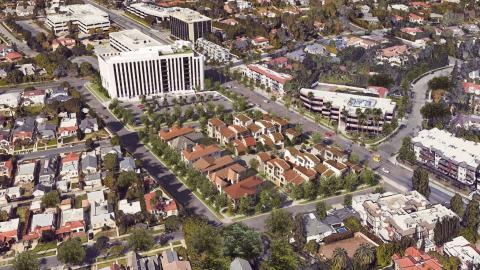 Aerial view of the former Farmers campus looking west