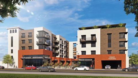 Rendering of mixed-use project at 4610 Santa Ana Street