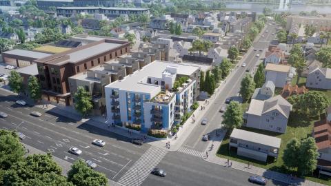 Aerial view of 900-907 N Alvarado Street looking northeast