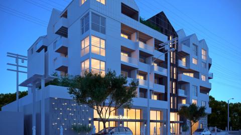 View looking southwest at Fox Tower from Santa Monica Boulevard