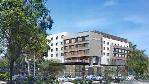 Rendering of Courtyard Marriott hotel at 3685 S Vermont Avenue looking northwest
