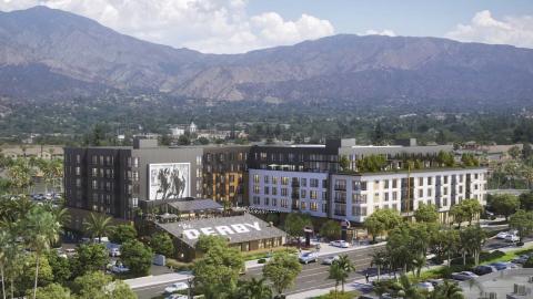 Aerial view of The Derby mixed-use project looking northeast