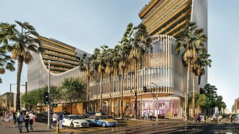 Rendering of the CMNTY Culture campus looking northeast from Highland and Sunset