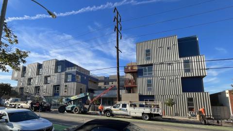 View of the Las Flores apartments looking west from across 14th Street