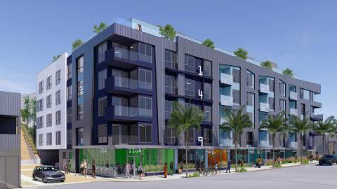 View of Sunset & McDuff looking northeast from Sunset Boulevard