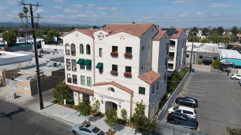 Aerial view of Reseda Theatre Senior Housing looking southwest