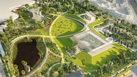 Aerial view of the La Brea Tar Pits and George C. Page Museum looking northwest